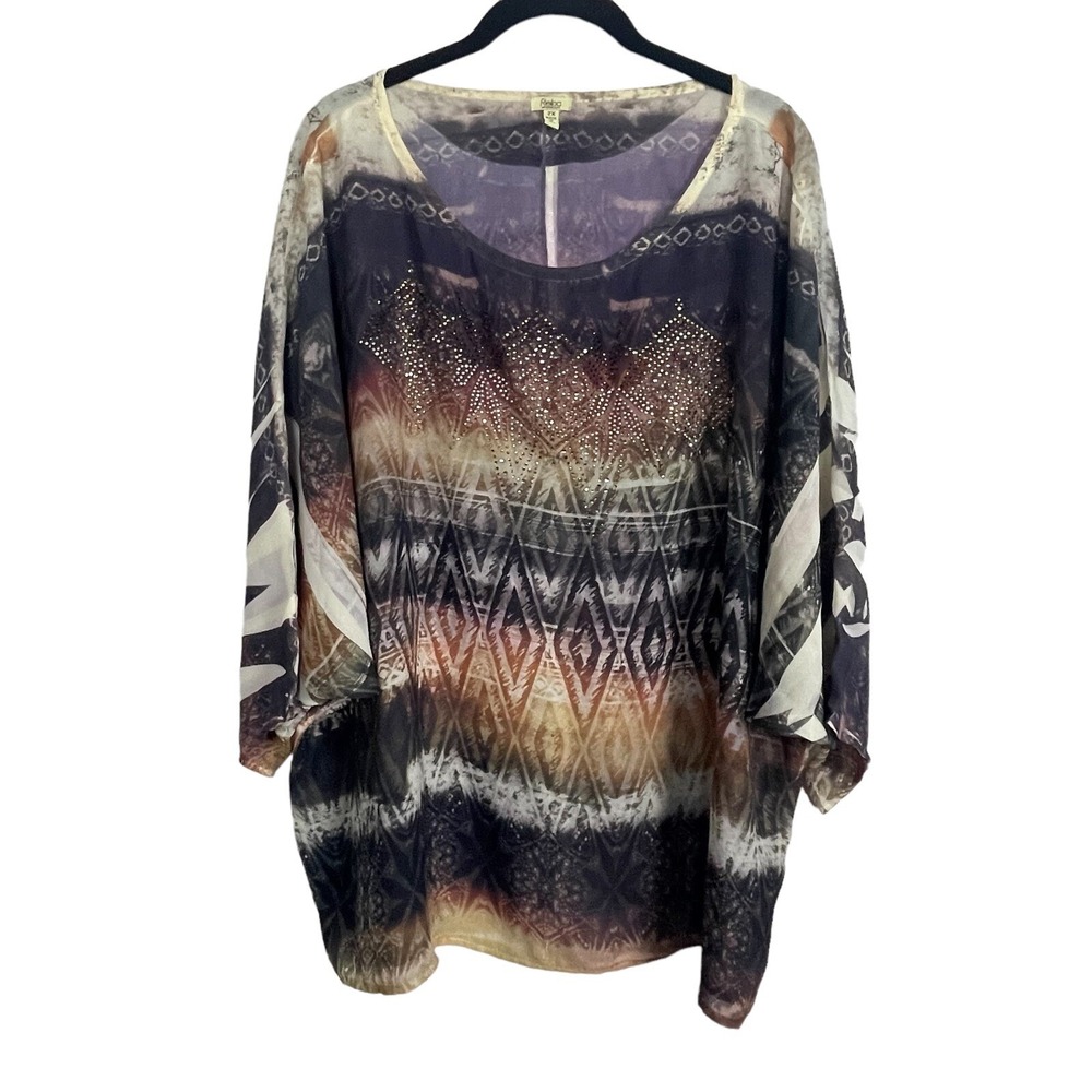 Reba Women‎ Kimono Sheer Top Size 2X Embellished Brown Tan Black Boho Resort